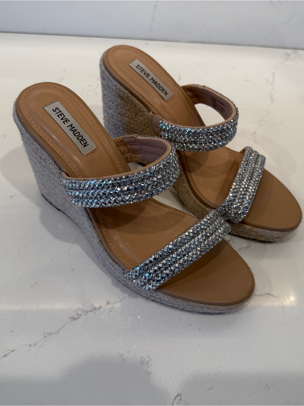 Steve Madden Tan Espadrille Wedges with Silver Crystal Straps - Picture 5 of 5